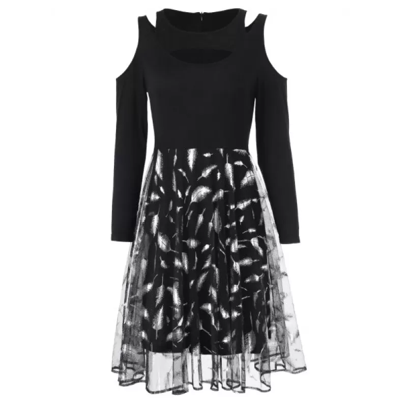 Cold houlder Feather Print Mesh Overlay Dress - Black