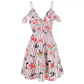 Cold Shoulder Flower and Musical Note Print Dress - ight Pink