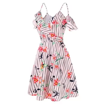 Cold Shoulder Flower and Musical Note Print Dress - ight Pink