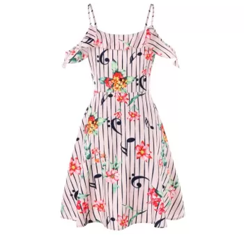 Cold Shoulder Flower and Musical Note Print Dress - ight Pink