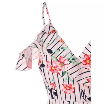 Cold Shoulder Flower and Musical Note Print Dress - ight Pink