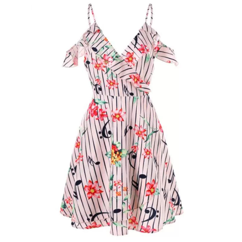 Cold Shoulder Flower and Musical Note Print Dress - ight Pink