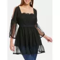 Cold Shoulder ace Applique Flounced Blouse - Black