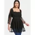 Cold Shoulder ace Applique Flounced Blouse - Black