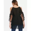 Cold Shoulder ace Applique Flounced Blouse - Black
