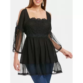 Cold Shoulder ace Applique Flounced Blouse - Black
