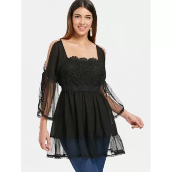 Cold Shoulder ace Applique Flounced Blouse - Black