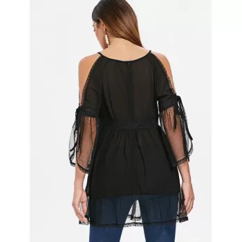 Cold Shoulder ace Applique Flounced Blouse - Black
