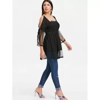 Cold Shoulder ace Applique Flounced Blouse - Black