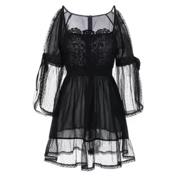 Cold Shoulder ace Applique Flounced Blouse - Black