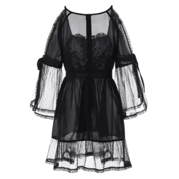 Cold Shoulder ace Applique Flounced Blouse - Black