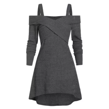 Cold Shoulder Ribbed High Low Long Sleeve Crossover T-shirt - Gray