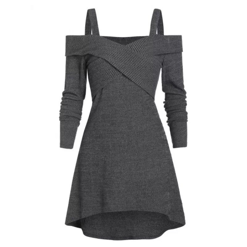 Cold Shoulder Ribbed High Low Long Sleeve Crossover T-shirt - Gray