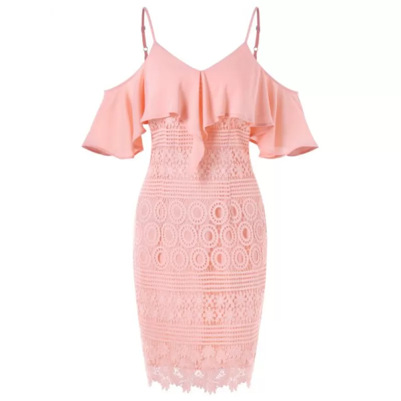 Cold Shoulder Spaghetti Strap Bodycon Dress - Light Pink