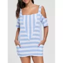 Cold Shoulder Striped T-shirt with Pockets - Light Blue