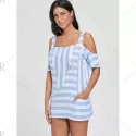 Cold Shoulder Striped T-shirt with Pockets - Light Blue