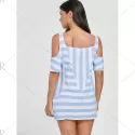 Cold Shoulder Striped T-shirt with Pockets - Light Blue