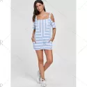 Cold Shoulder Striped T-shirt with Pockets - Light Blue