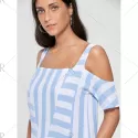 Cold Shoulder Striped T-shirt with Pockets - Light Blue