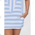 Cold Shoulder Striped T-shirt with Pockets - Light Blue