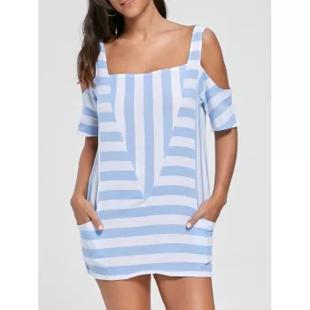 Cold Shoulder Striped T-shirt with Pockets - Light Blue