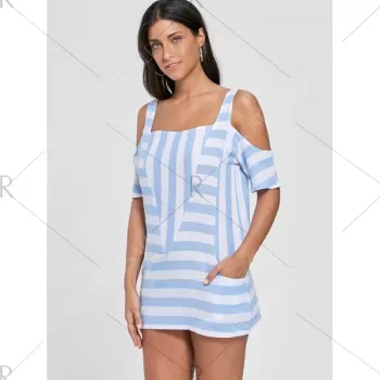 Cold Shoulder Striped T-shirt with Pockets - Light Blue