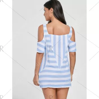 Cold Shoulder Striped T-shirt with Pockets - Light Blue