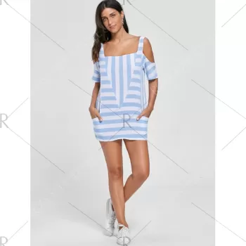 Cold Shoulder Striped T-shirt with Pockets - Light Blue