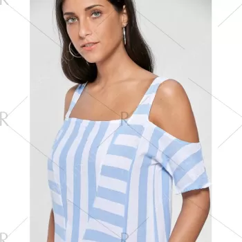 Cold Shoulder Striped T-shirt with Pockets - Light Blue