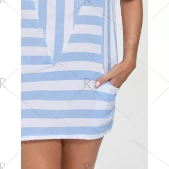 Cold Shoulder Striped T-shirt with Pockets - Light Blue