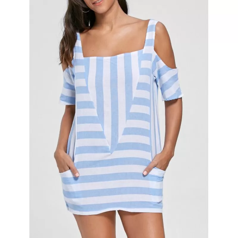 Cold Shoulder Striped T-shirt with Pockets - Light Blue