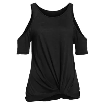 Cold Shoulder Twist Front Plain T-shirt - Black