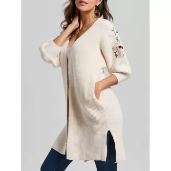 Collarless Embroidered ide lit Cardigan - Off-white