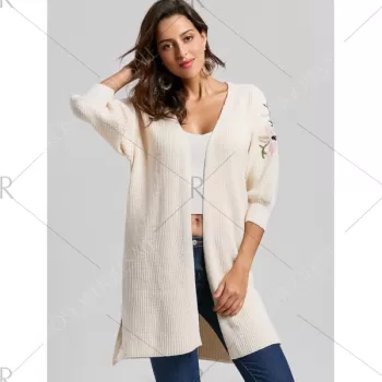 Collarless Embroidered ide lit Cardigan - Off-white