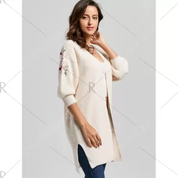 Collarless Embroidered ide lit Cardigan - Off-white