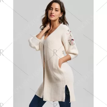 Collarless Embroidered ide lit Cardigan - Off-white