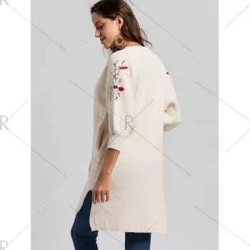 Collarless Embroidered ide lit Cardigan - Off-white