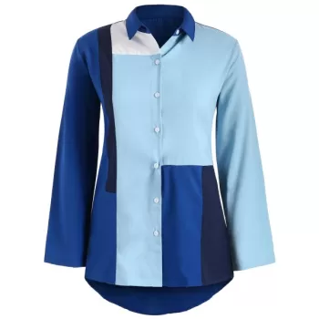 Color Block Button Up Plain hirt - Blue