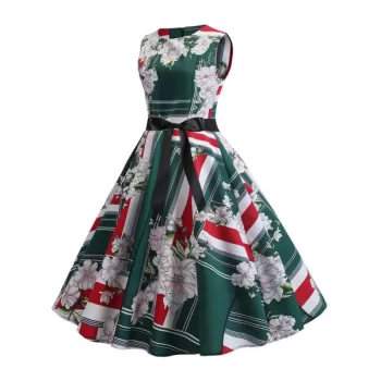 Color Block Flower A Line Vintage Dress - Medium Sea Green