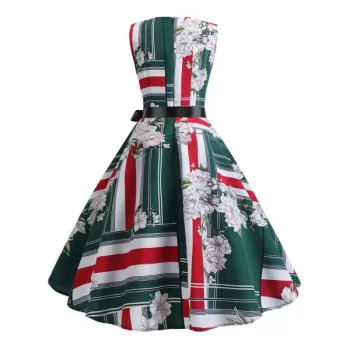 Color Block Flower A Line Vintage Dress - Medium Sea Green