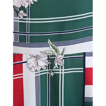 Color Block Flower A Line Vintage Dress - Medium Sea Green