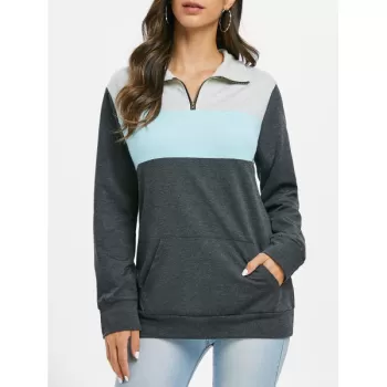 Color Block Pocket Zipper Front weatshirt -