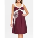 Color Block Rose Pattern Dress - Red Wine