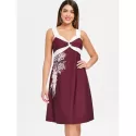 Color Block Rose Pattern Dress - Red Wine