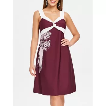 Color Block Rose Pattern Dress - Red Wine