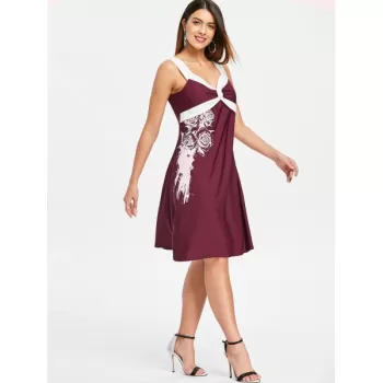 Color Block Rose Pattern Dress - Red Wine