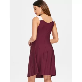 Color Block Rose Pattern Dress - Red Wine