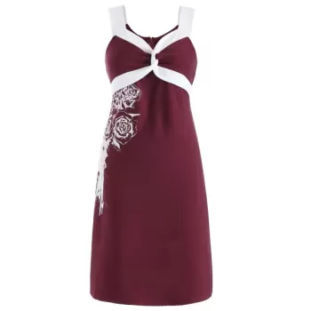 Color Block Rose Pattern Dress - Red Wine