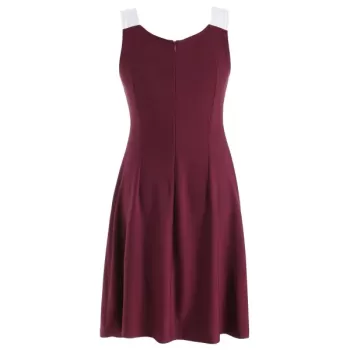 Color Block Rose Pattern Dress - Red Wine