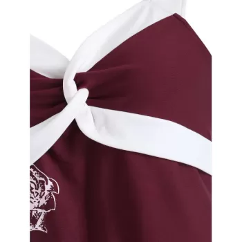 Color Block Rose Pattern Dress - Red Wine